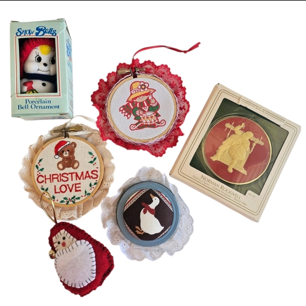 Lot Of 6 Vintage Handmade Christmas Ornaments Country Cross Stitch, Snow Bell